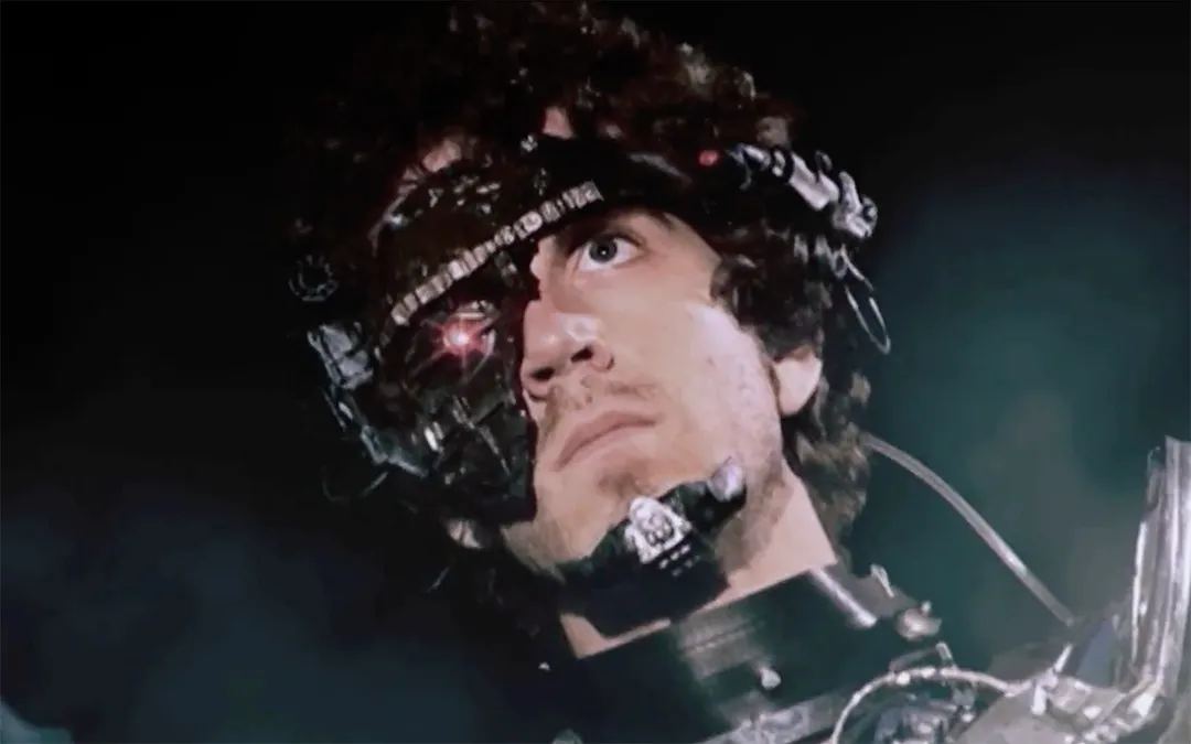 Still image from the 2011 film Manborg, showing a close up of the titular character