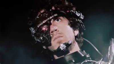 Still image from the 2011 film Manborg, showing a close up of the titular character